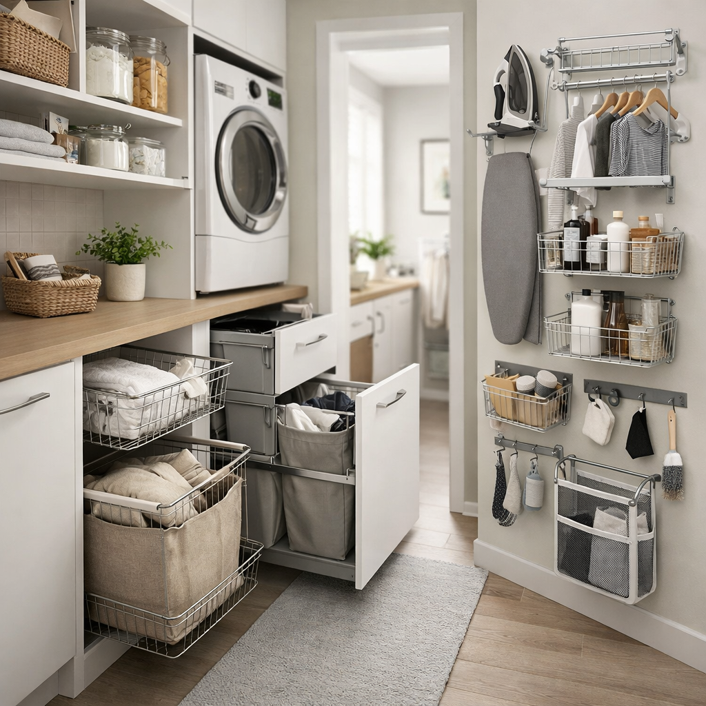 A well-organized narrow laundry room with baskets, shelves, and a washing machine.