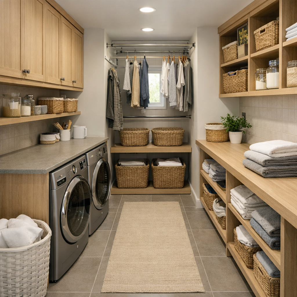 A neatly organized narrow laundry room with washing machines, shelves, and baskets.