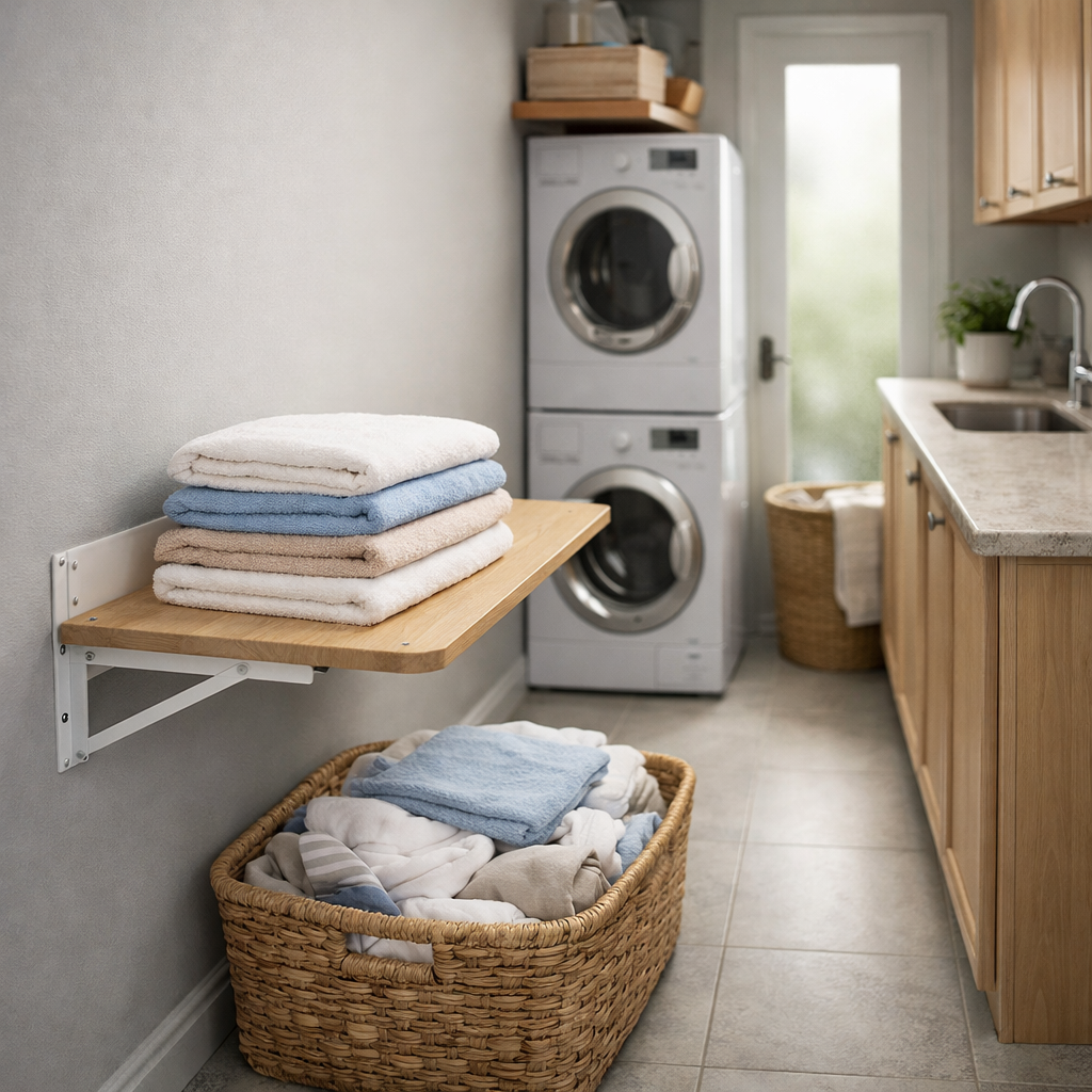 A narrow laundry room with a folding station, neatly stacked towels, and a woven basket.