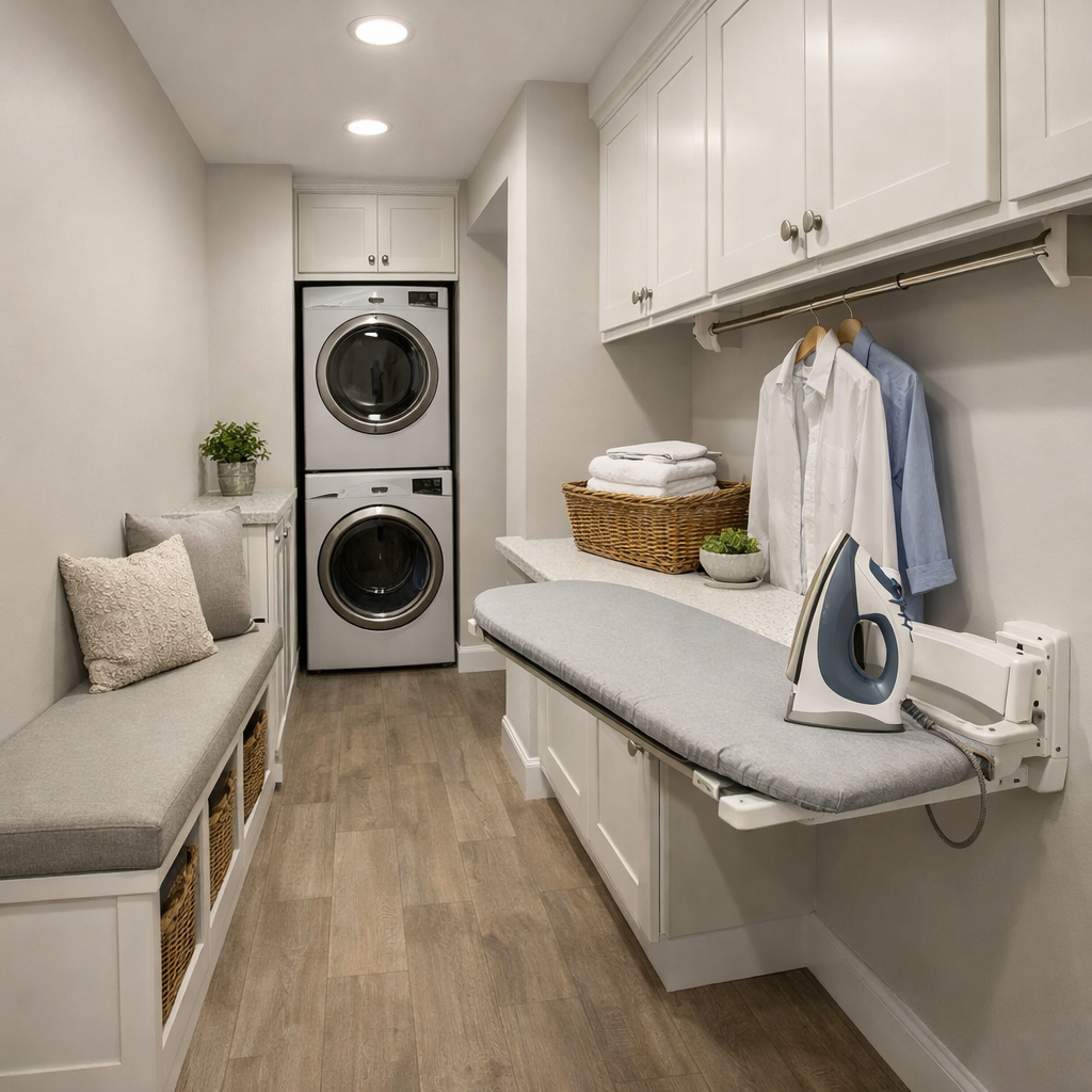 A narrow laundry room featuring stacked washer and dryer, benches with storage, and a foldable ironing board.