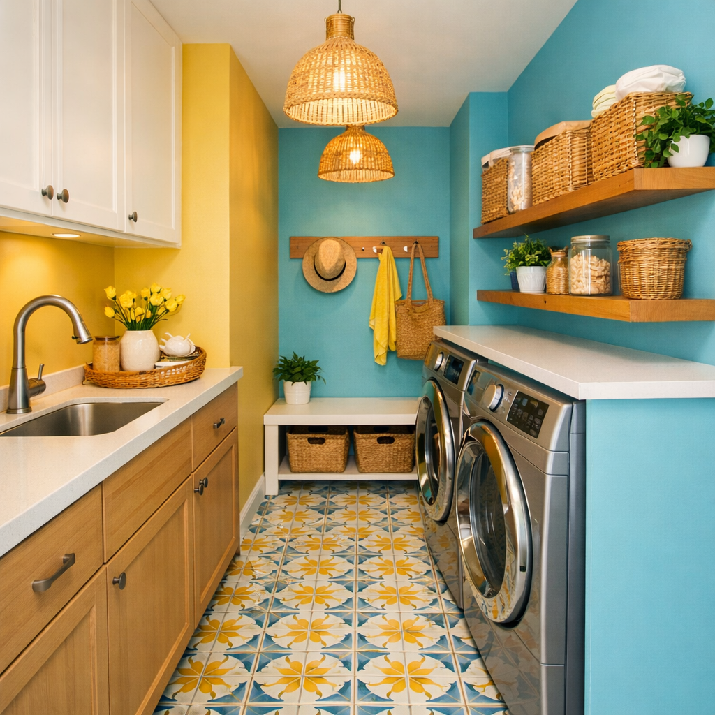 Bright, narrow laundry room with woven pendant lights, colorful walls, and stylish decor.
