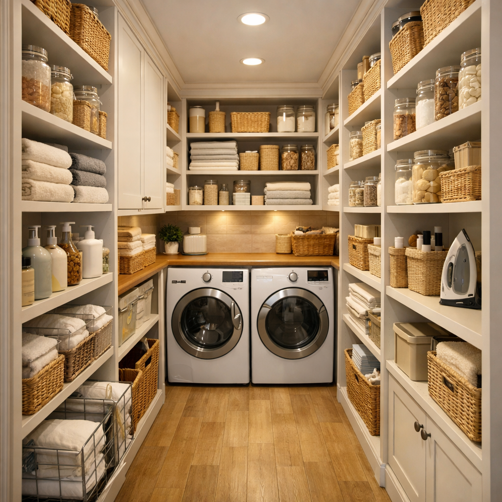 A narrow laundry room featuring shelving with neatly organized baskets, jars, and towels around a washer and dryer.