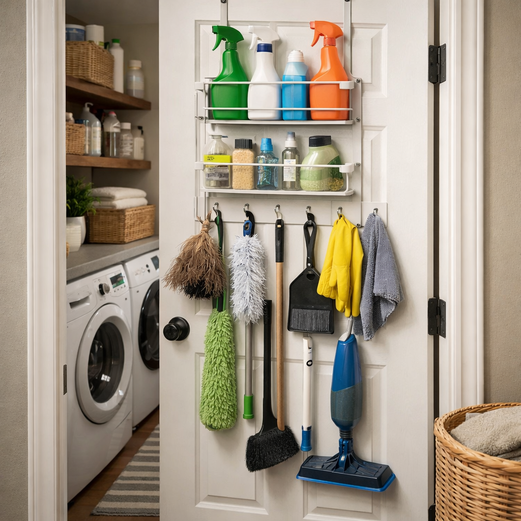 Organized door of a laundry room with cleaning supplies and tools