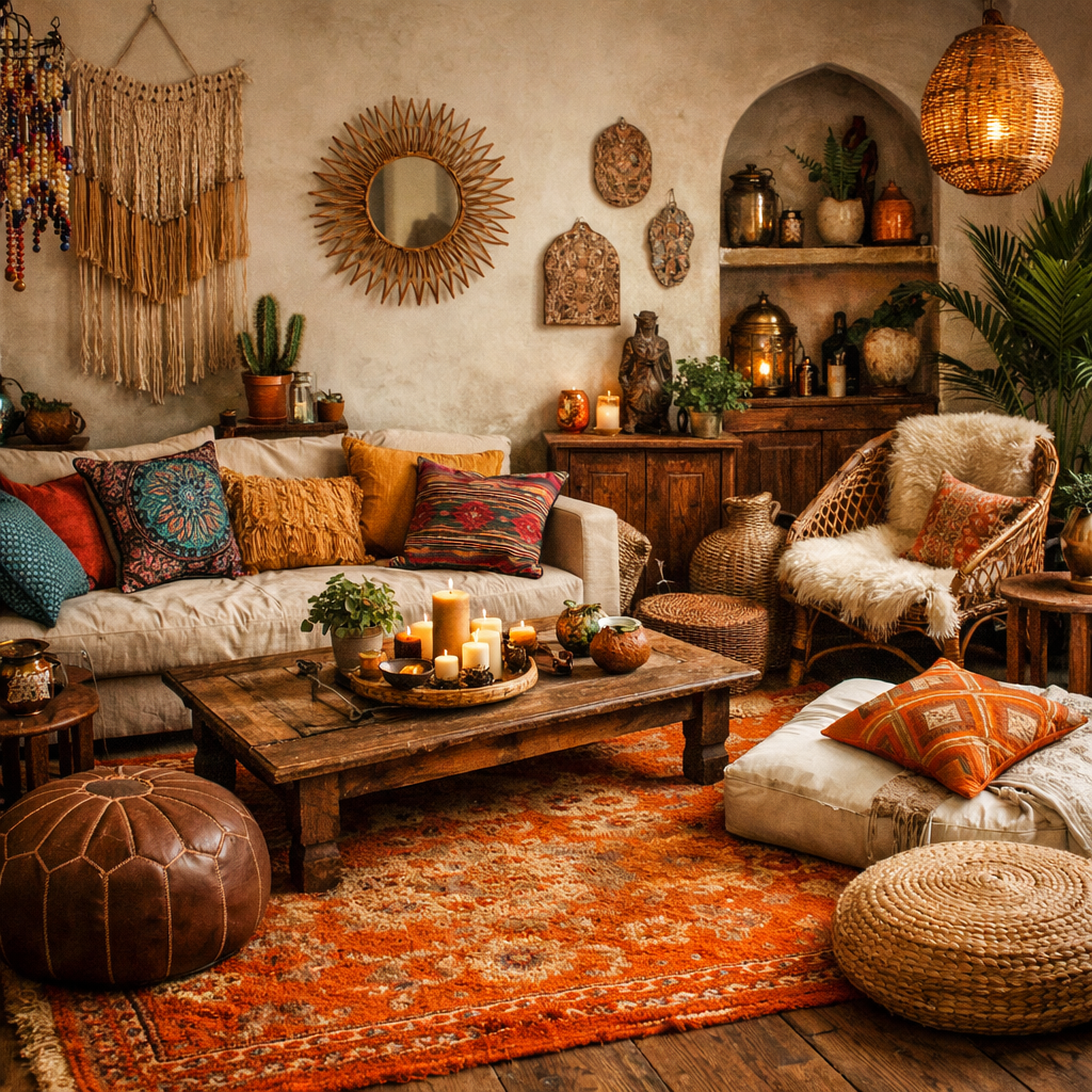 Cozy bohemian living room with an orange rug