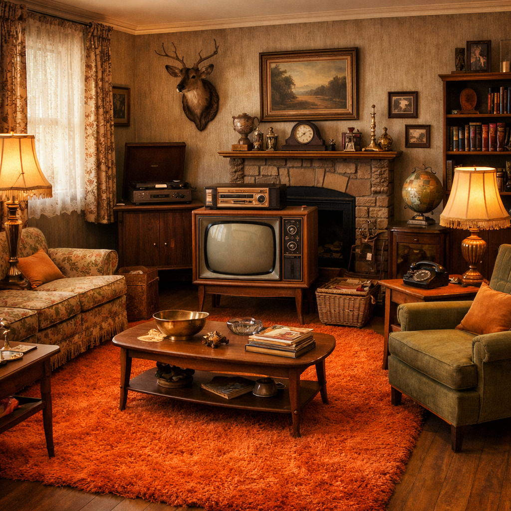 A vintage living room with an orange rug, retro furniture, and warm lighting.