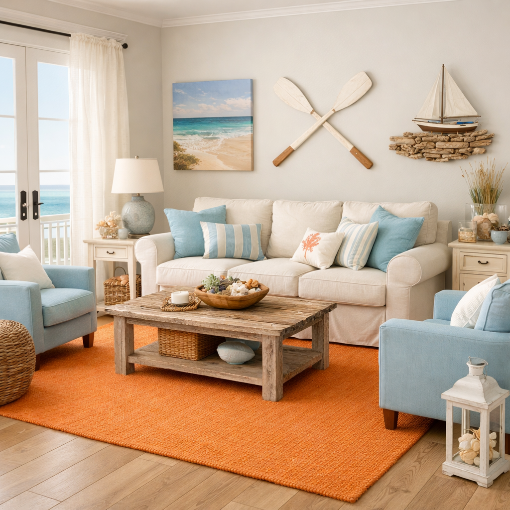 A cozy living room featuring an orange rug, coastal decor, and casual furniture.