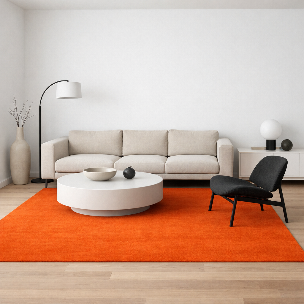 A contemporary living room featuring an orange rug, a beige sofa, a round coffee table, and a modern chair.