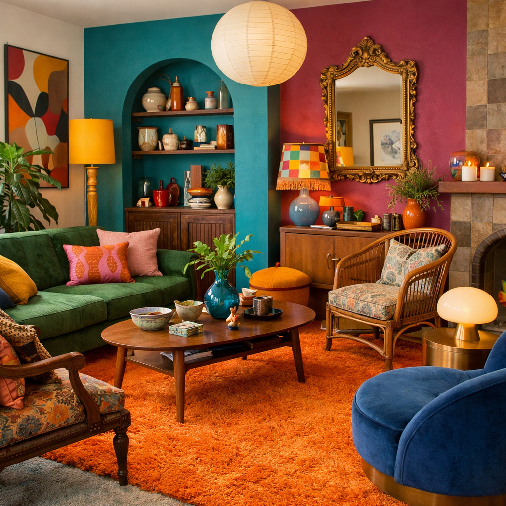 A vibrant living room featuring an orange rug, green sofa, colorful decor, and eclectic furniture.