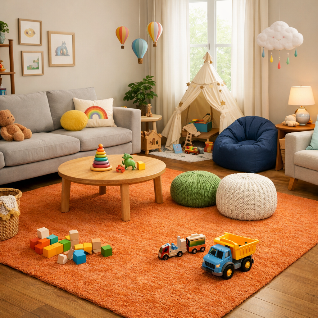 A vibrant living room featuring an orange rug, comfortable seating, and playful decor, designed for family enjoyment.
