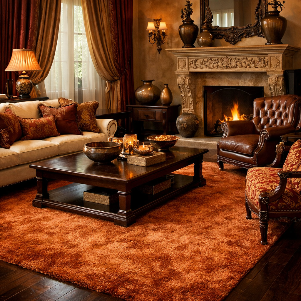 A luxurious living room featuring an orange shag rug, elegant furniture, and warm lighting.