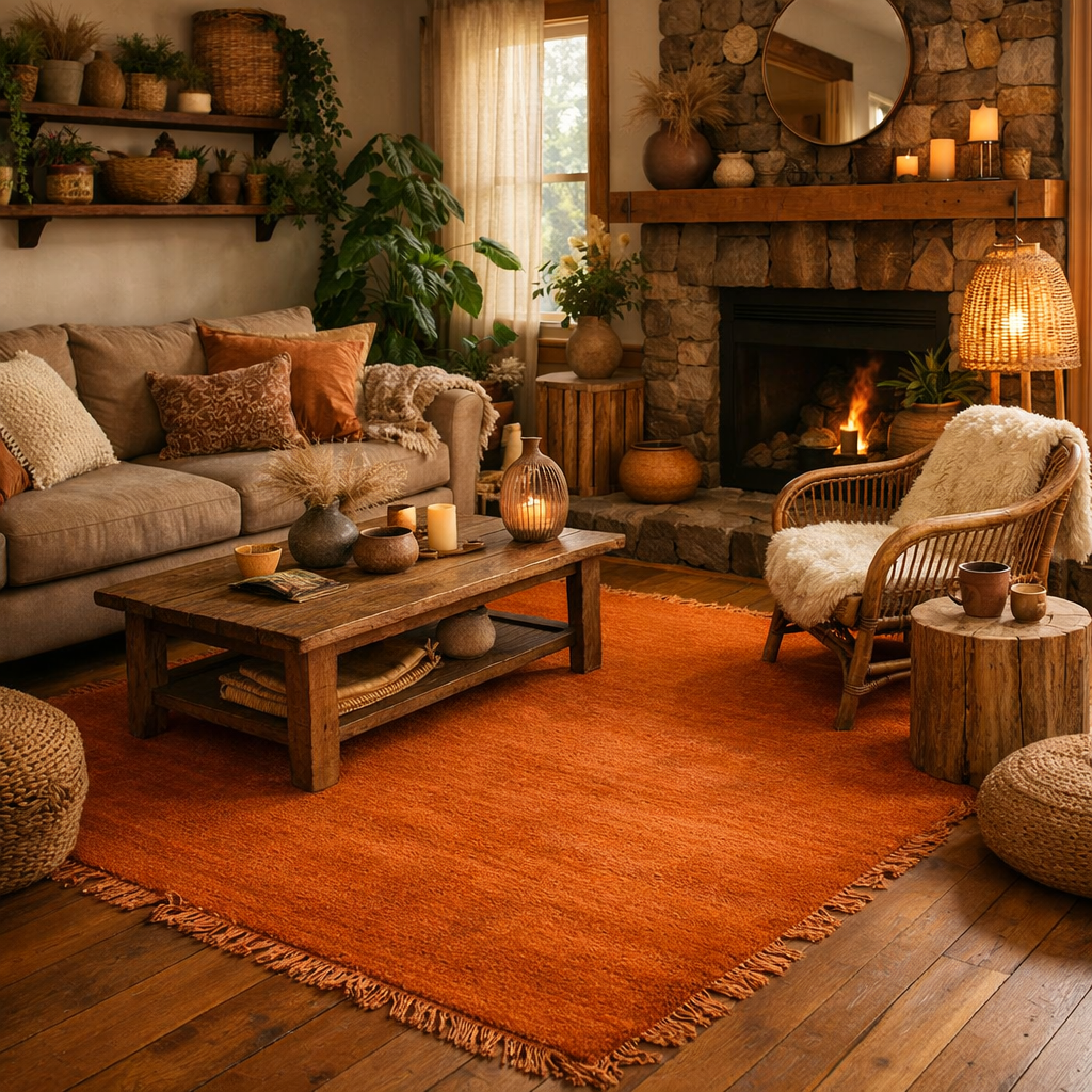 Cozy living room featuring an orange rug, warm tones, and natural decor