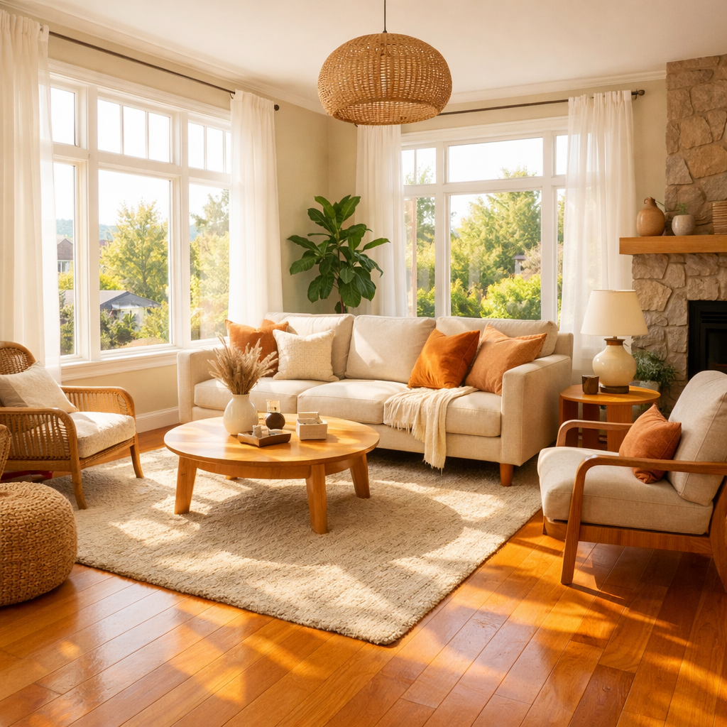 A bright living room with large windows, orange wood floor, neutral furniture, and indoor plants.