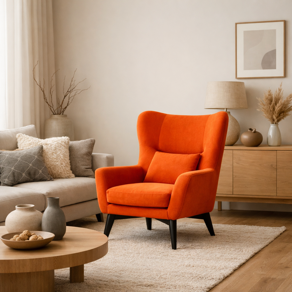 An orange chair in a neutral living room, showcasing a cozy atmosphere.