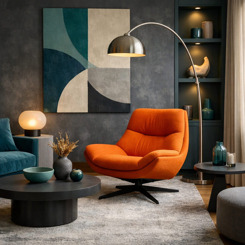 A modern living room featuring an orange chair, complementing teal accents, gray walls, and stylish decor.