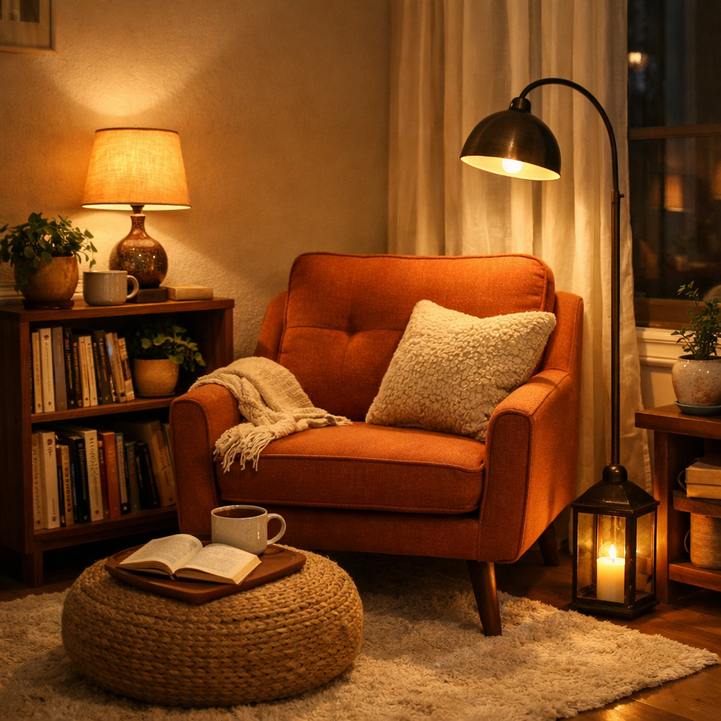 Cozy reading nook with an orange chair, lamp, and a pouf with a book and mug