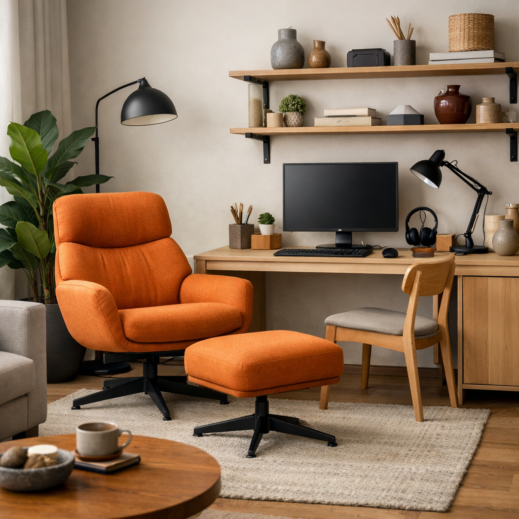 A vibrant orange chair and ottoman in a stylish living room, featuring a desk setup with a computer.