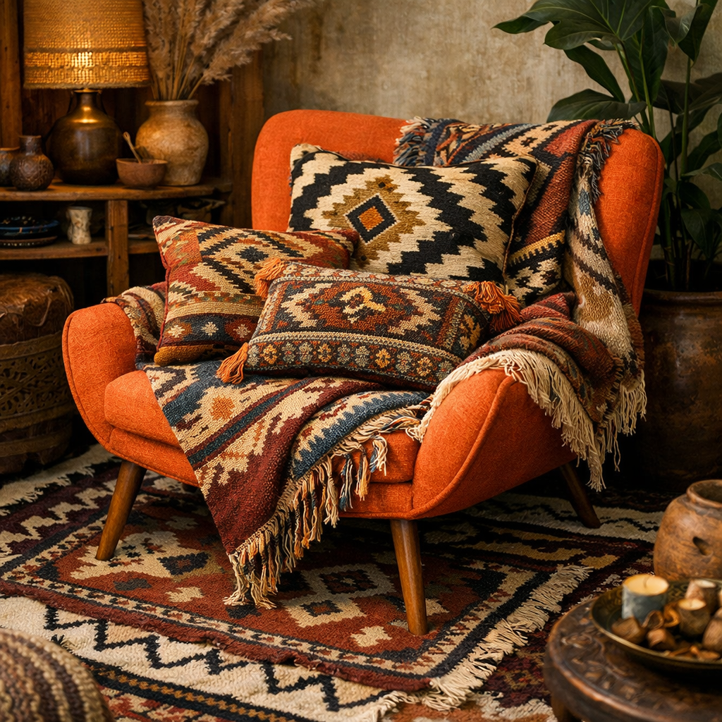An orange chair with patterned pillows and blanket, surrounded by earthy decor in a cozy living room setting.