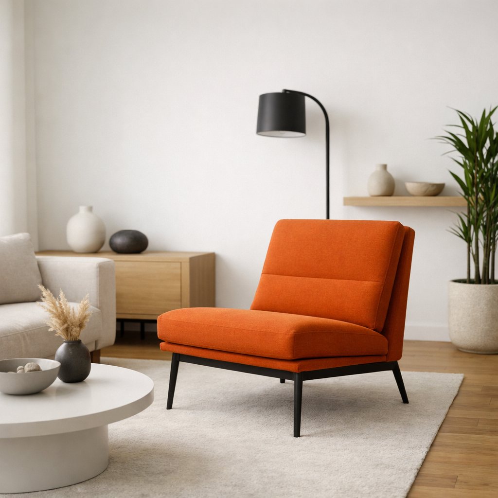 A modern living room featuring an orange chair, a cozy rug, and natural decor elements.