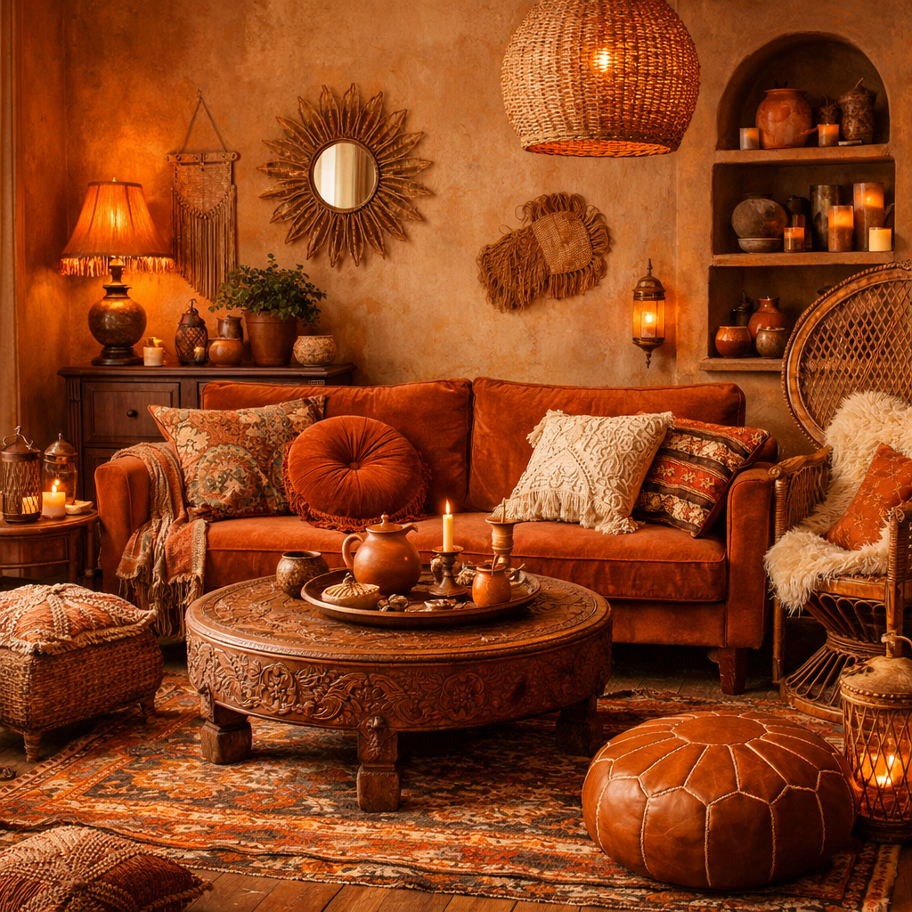 A boho living room decorated in warm orange tones with vintage furniture and accessories.