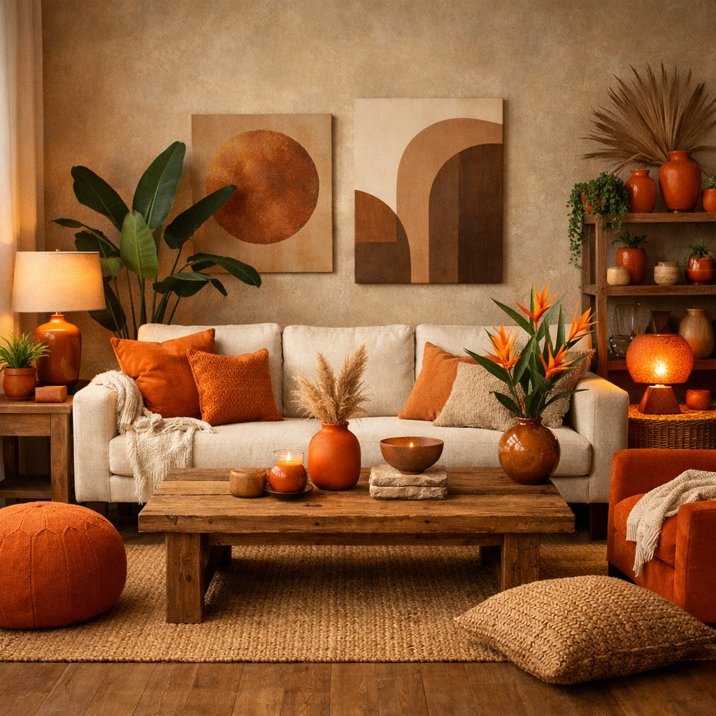 A cozy living room with earthy tones and orange accents, featuring a white sofa, wooden coffee table, and vibrant decor.