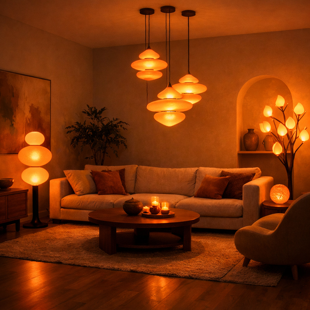 Cozy living room with warm orange lighting fixtures.