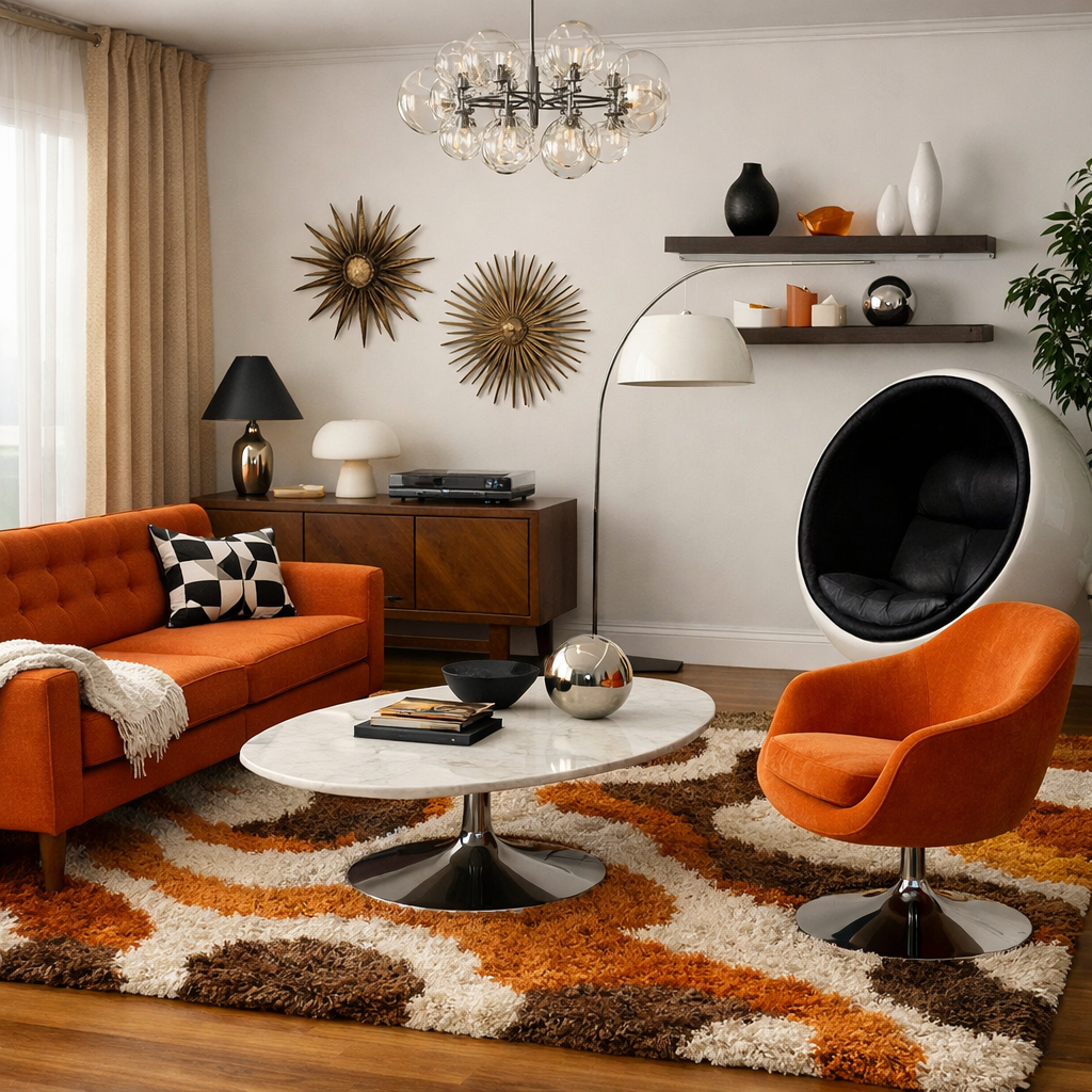 A retro-styled living room featuring orange furniture pieces, including a sofa and a chair, against a shaggy rug.