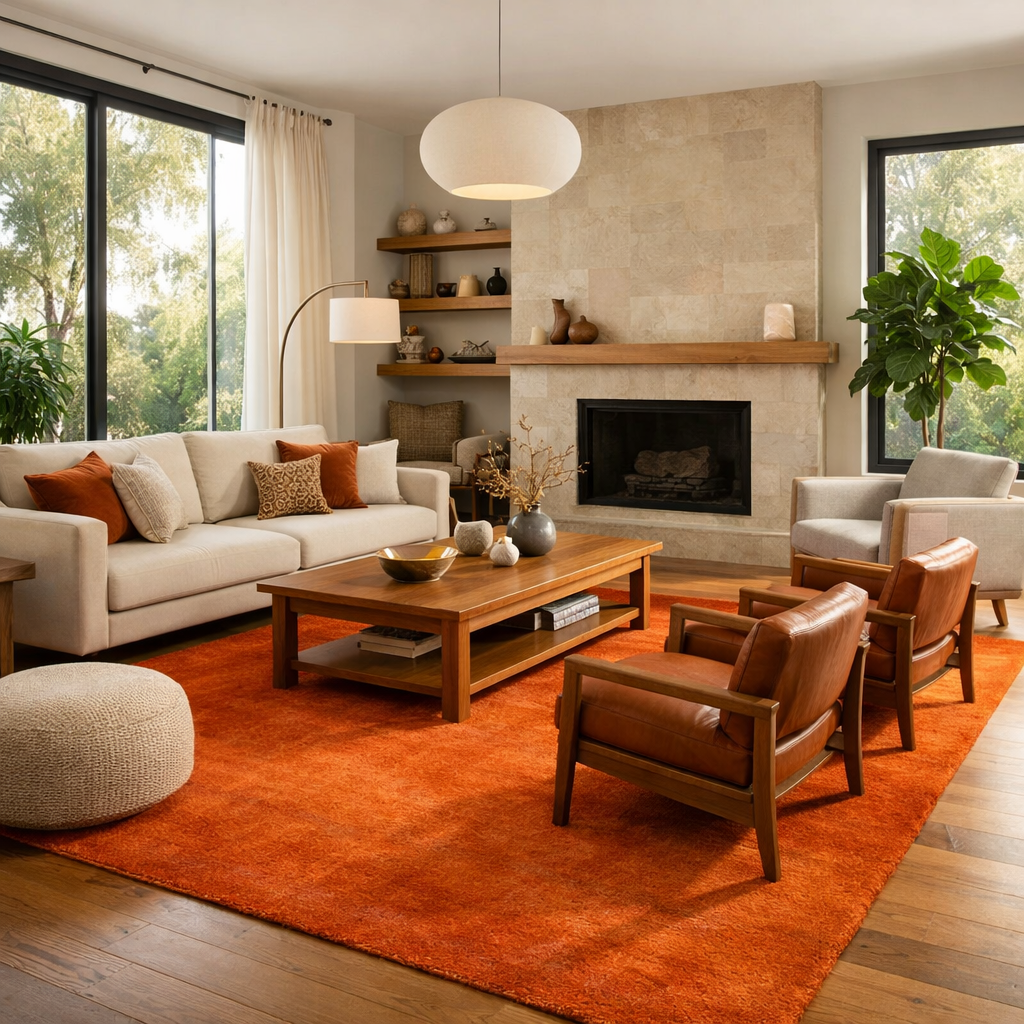 Living room featuring an orange area rug, cozy furniture, and warm accents.