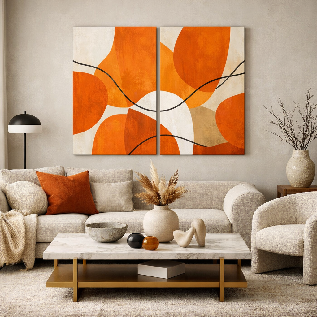 A cozy living room featuring orange abstract artwork above a beige sofa, with other subtle decor items.