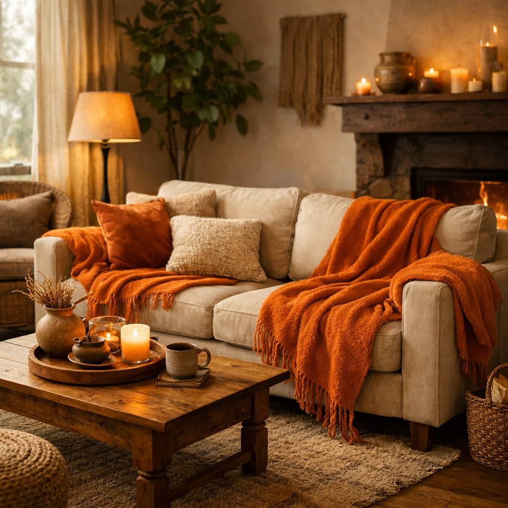 Cozy living room with orange throw blankets and warm decor