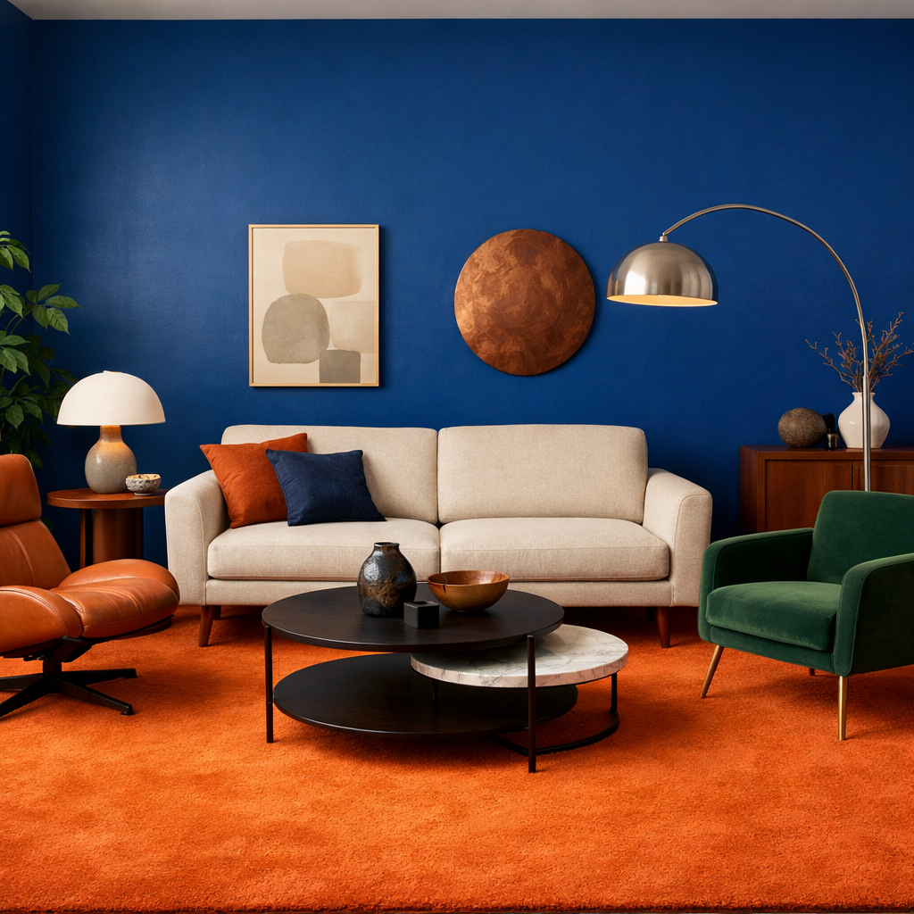 A living room featuring an orange carpet with a deep blue accent wall, stylish furniture, and vibrant decor.