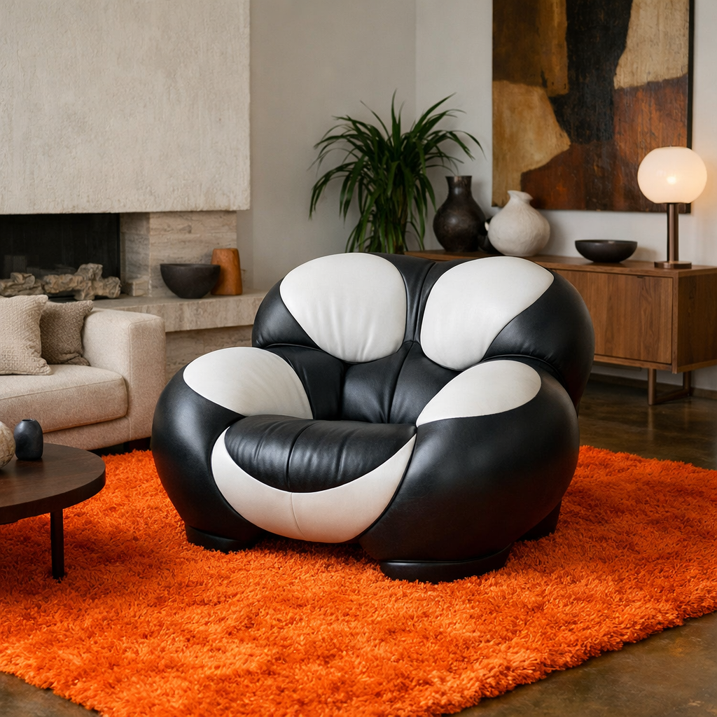 A modern living room featuring a plush orange carpet, a bold black and white chair, and minimalistic decor.