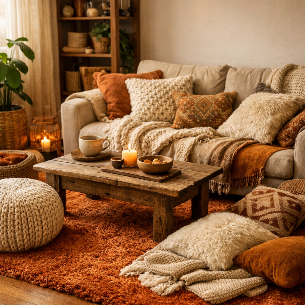 Cozy living room with orange carpet, beige sofa, wooden coffee table, and textured pillows.