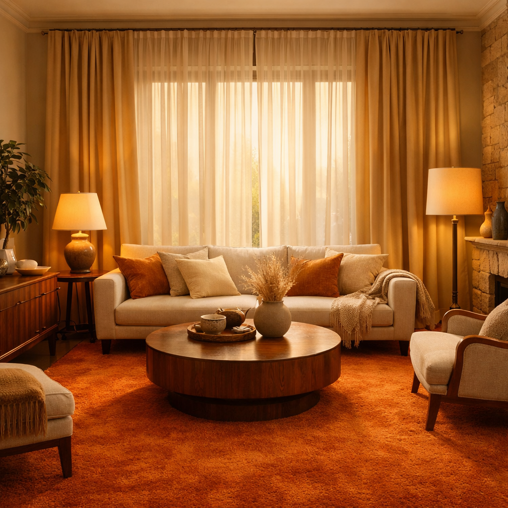 Living room featuring orange carpet and elegant curtains