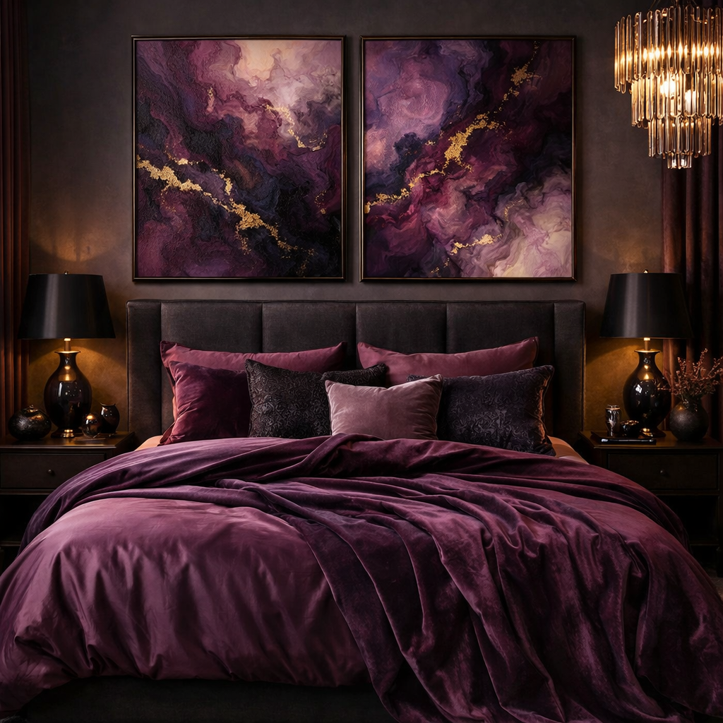 A luxurious bedroom with deep plum tones, featuring a plush bedspread, elegant pillows, beautiful artwork, and stylish lighting.