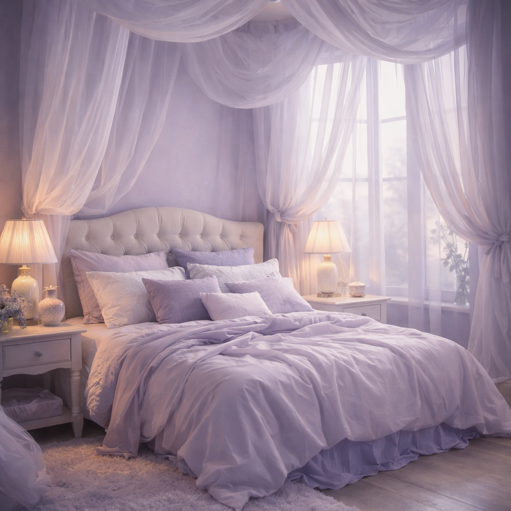 Beautiful lavender-themed bedroom with soft bedding, sheer curtains, and warm lighting.