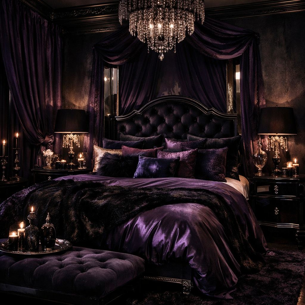 A luxurious bedroom with rich purple accents, featuring a plush bed, decorative pillows, a chandelier, and soft lighting.