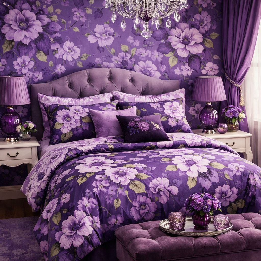 A beautifully decorated purple bedroom with floral patterns on the bedding and walls.