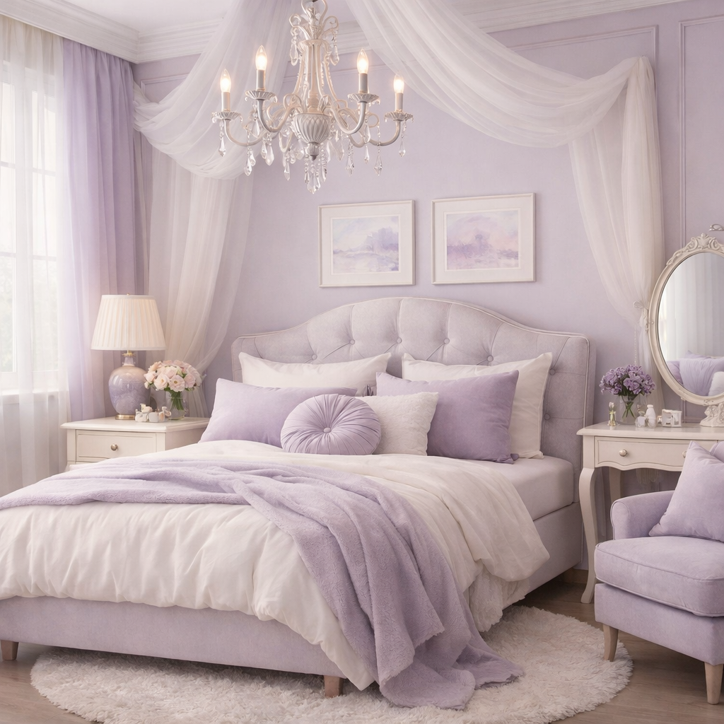 A serene bedroom designed with soft pastel purples, featuring a plush bed, elegant chandelier, and stylish decor.