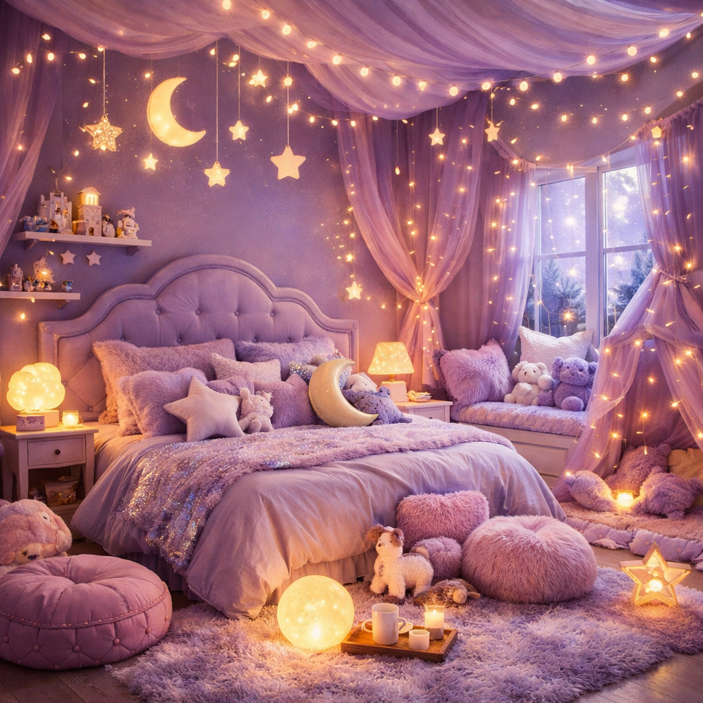 A whimsical purple-themed bedroom with cozy decor, fairy lights, and plush furnishings.