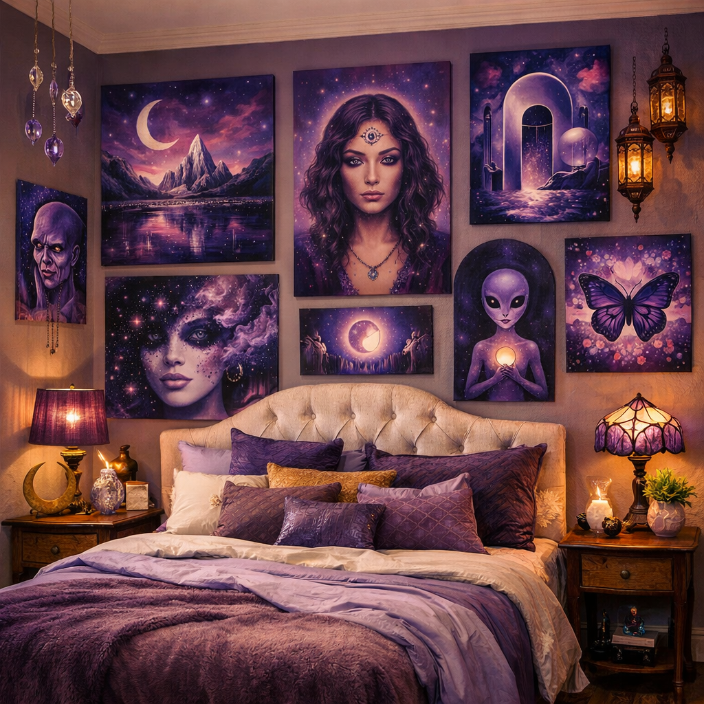 Eclectic purple artwork adorning a bedroom wall, creating a cozy and inviting atmosphere