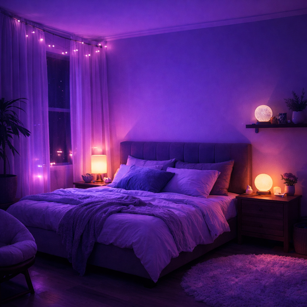 A moody purple bedroom with soft lighting and cozy decor.