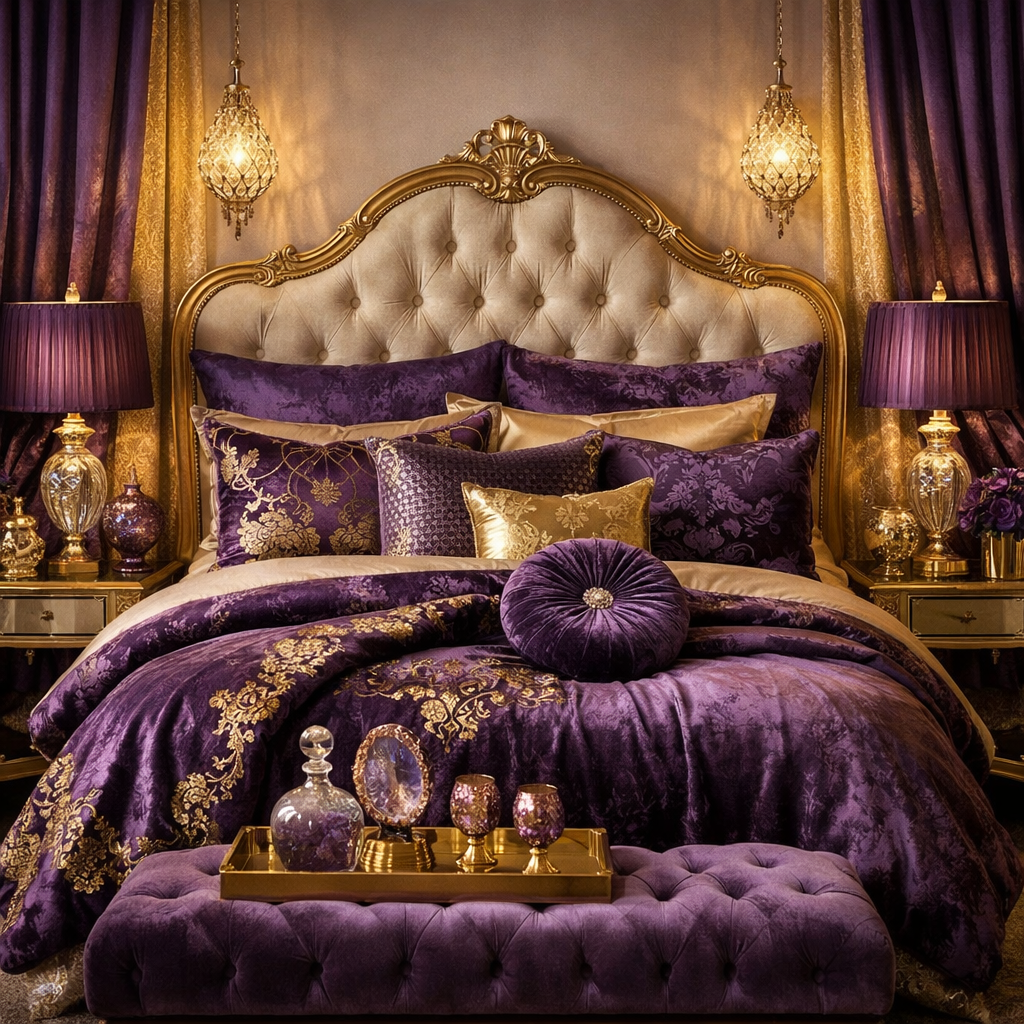 A luxurious bedroom featuring rich purple bedding with gold accents, elegant lamps, and decorative accessories.