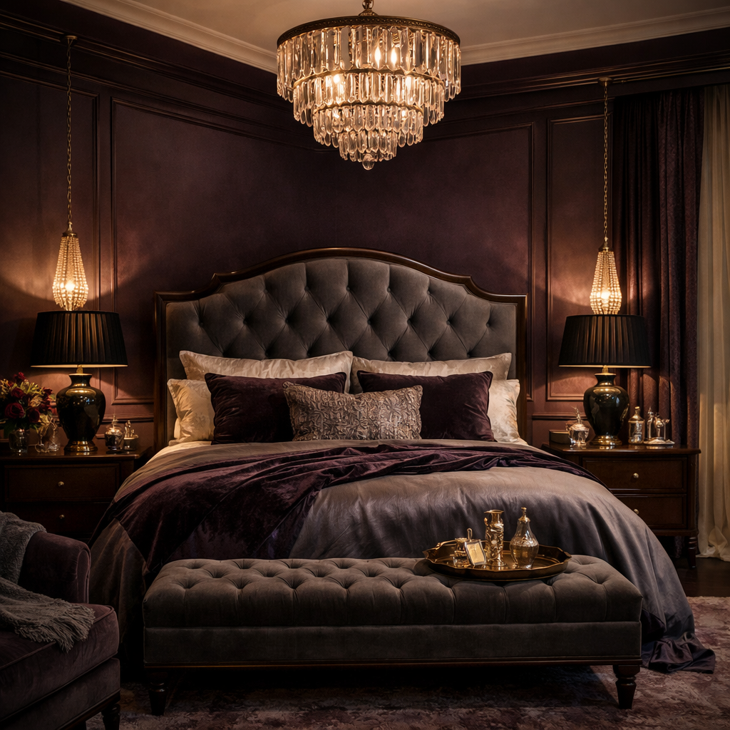 A luxurious bedroom with deep plum accents, featuring plush bedding, a crystal chandelier, and stylish bedside lamps.