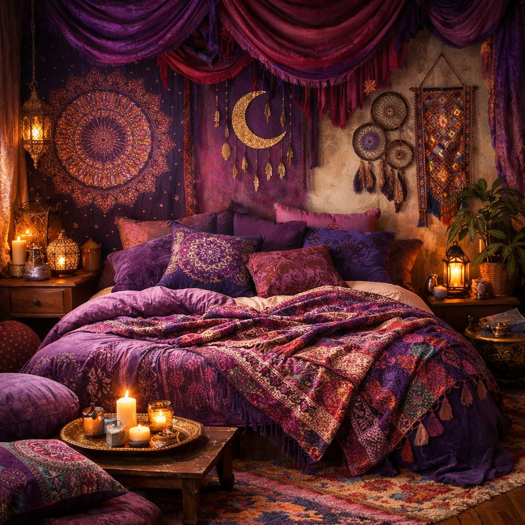 A cozy purple-themed bedroom with various pillows, a richly colored bedspread, and bohemian decor.