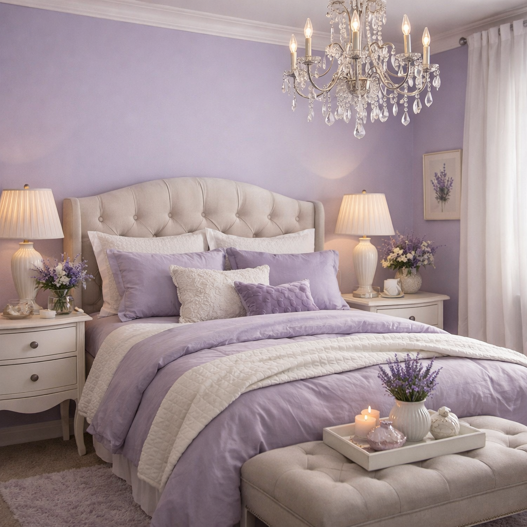 A serene lavender-themed bedroom with soft lighting, elegant decor, and plush bedding.
