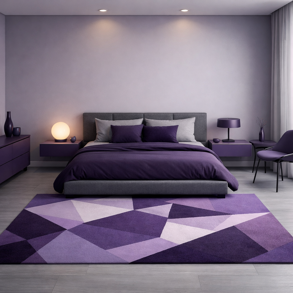 A modern minimalist bedroom with purple hues, featuring a bed with purple bedding, a geometric rug, and minimalist furniture.