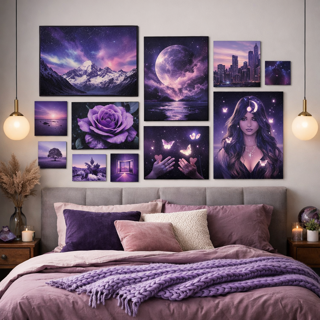 A purple-themed gallery wall with various artworks, including landscapes and floral designs, creating a cozy bedroom ambiance.