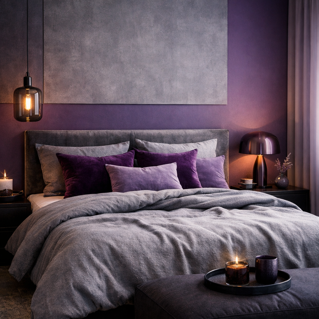 A stylish bedroom featuring purple and gray decor, with plush pillows and ambient lighting.