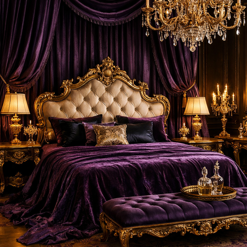 Elegant bedroom with royal purple bedding, gold accents, and a luxurious chandelier.