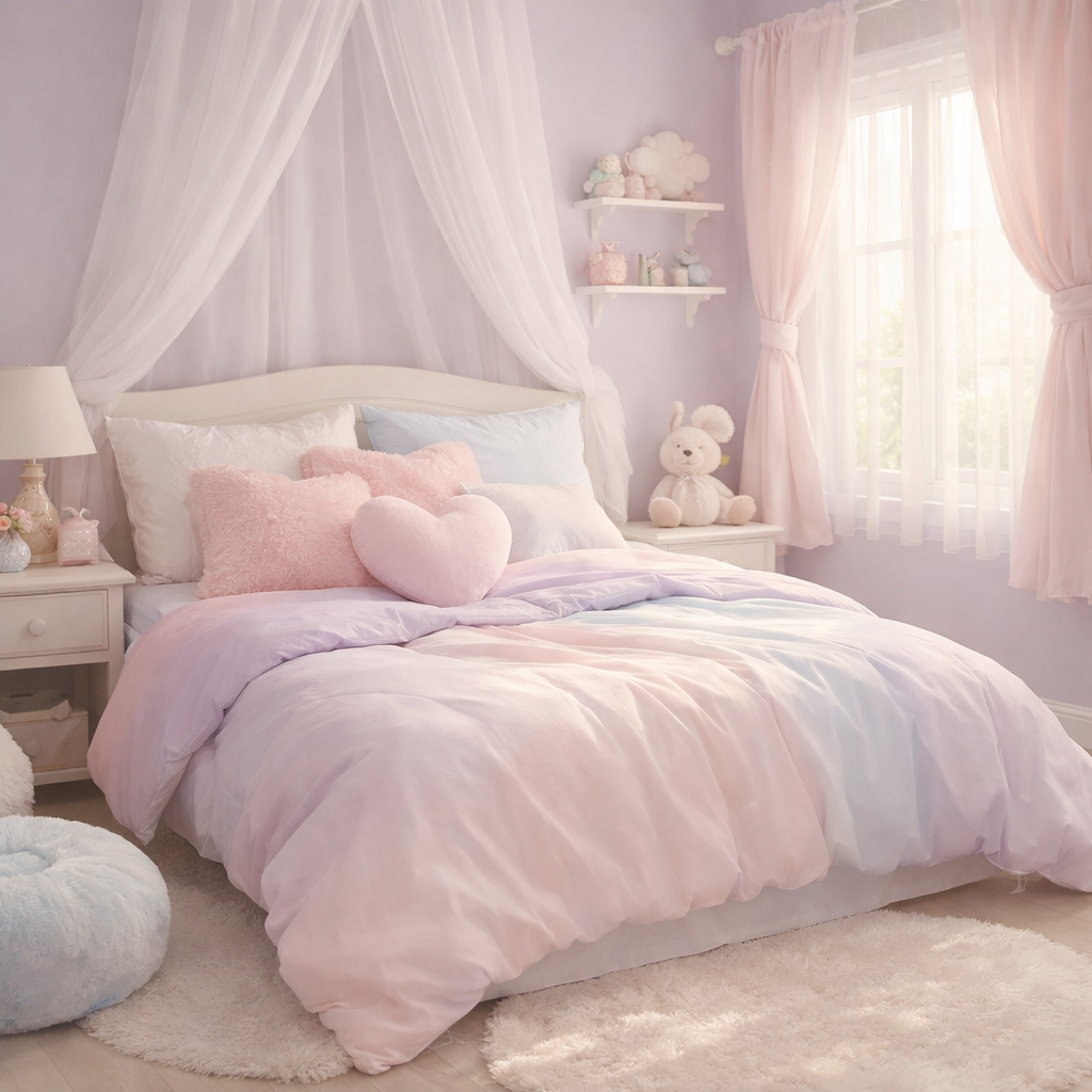 A cozy bedroom with pastel purple walls, soft purple bedding, plush pillows, and cute decor.
